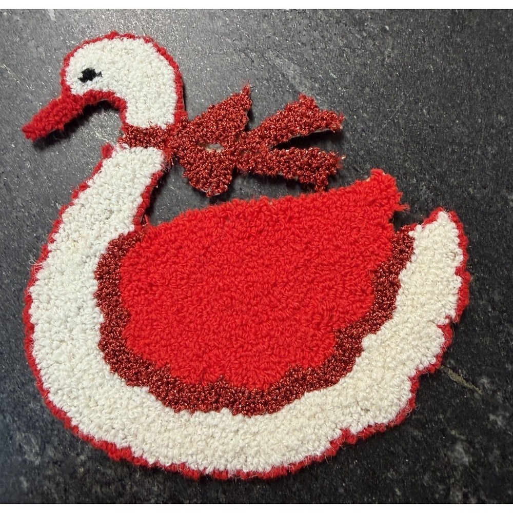 Vtg Christmas Swan Duck Sew On Patch Red White Glitter Applique 5" x 4.5"